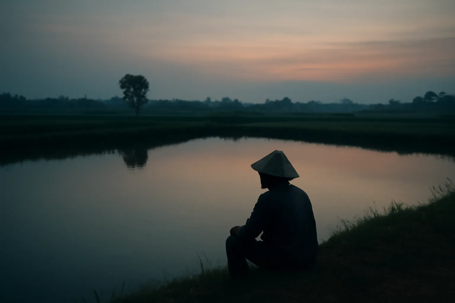 Người đàn ông ngồi một mình bên mép ao lúc chạng vạng