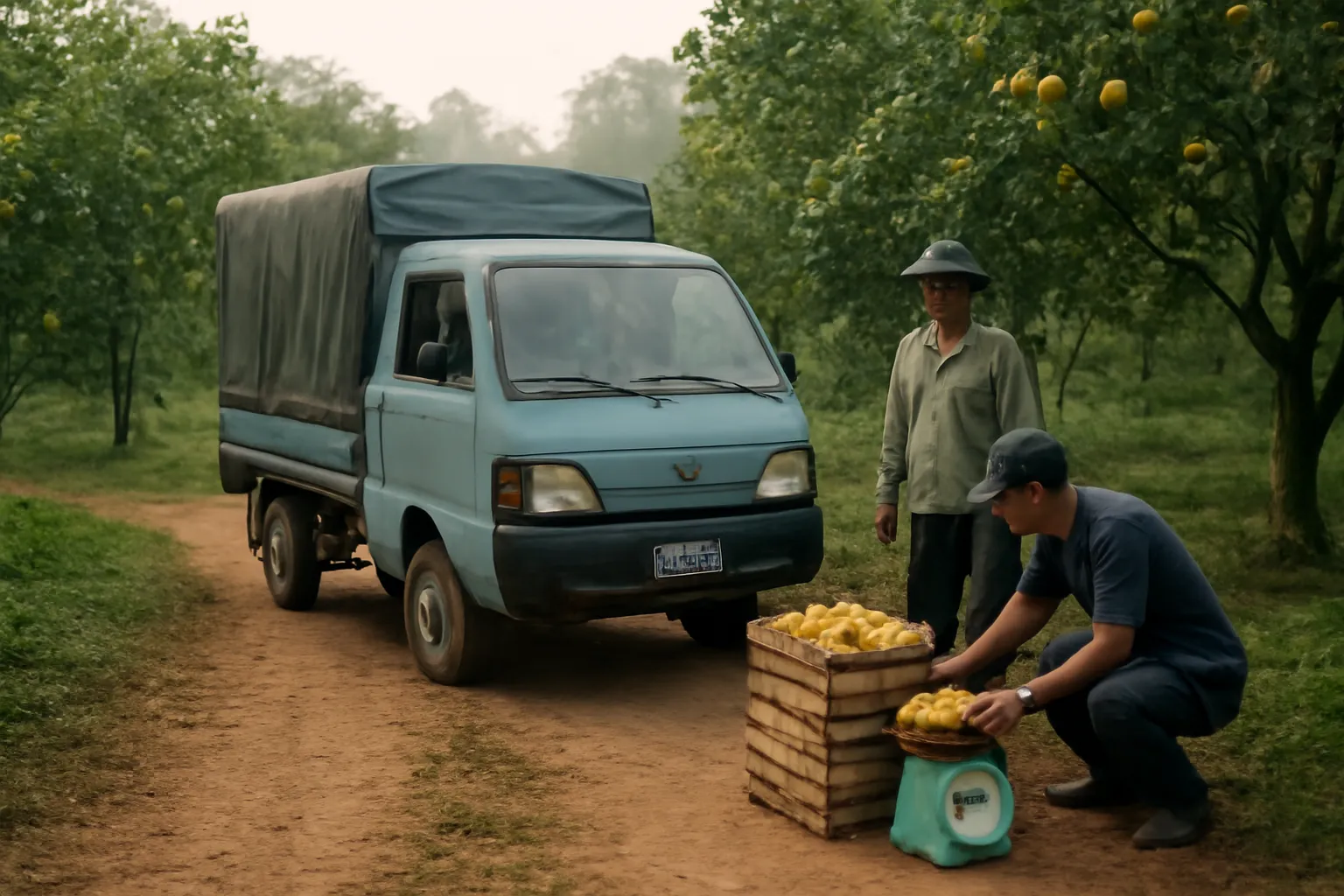 Xe tải nhỏ lùi vào vườn, người đang cân nông sản bằng cân đồng hồ