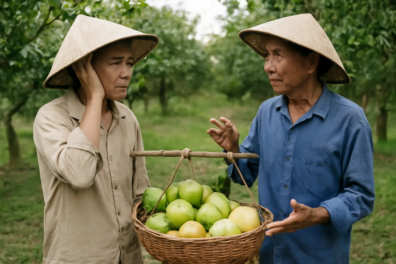 Hai người đứng hai bên sọt trái cây, một người đang lắc đầu