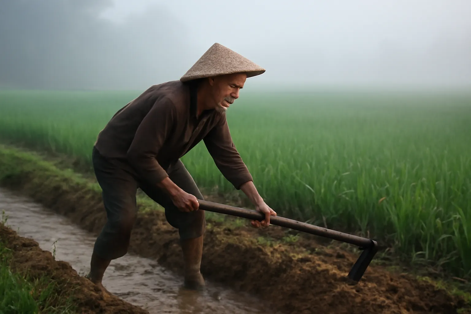 Người đàn ông dùng cuốc be bờ mương đất chuyển nước tưới lúc sáng sớm