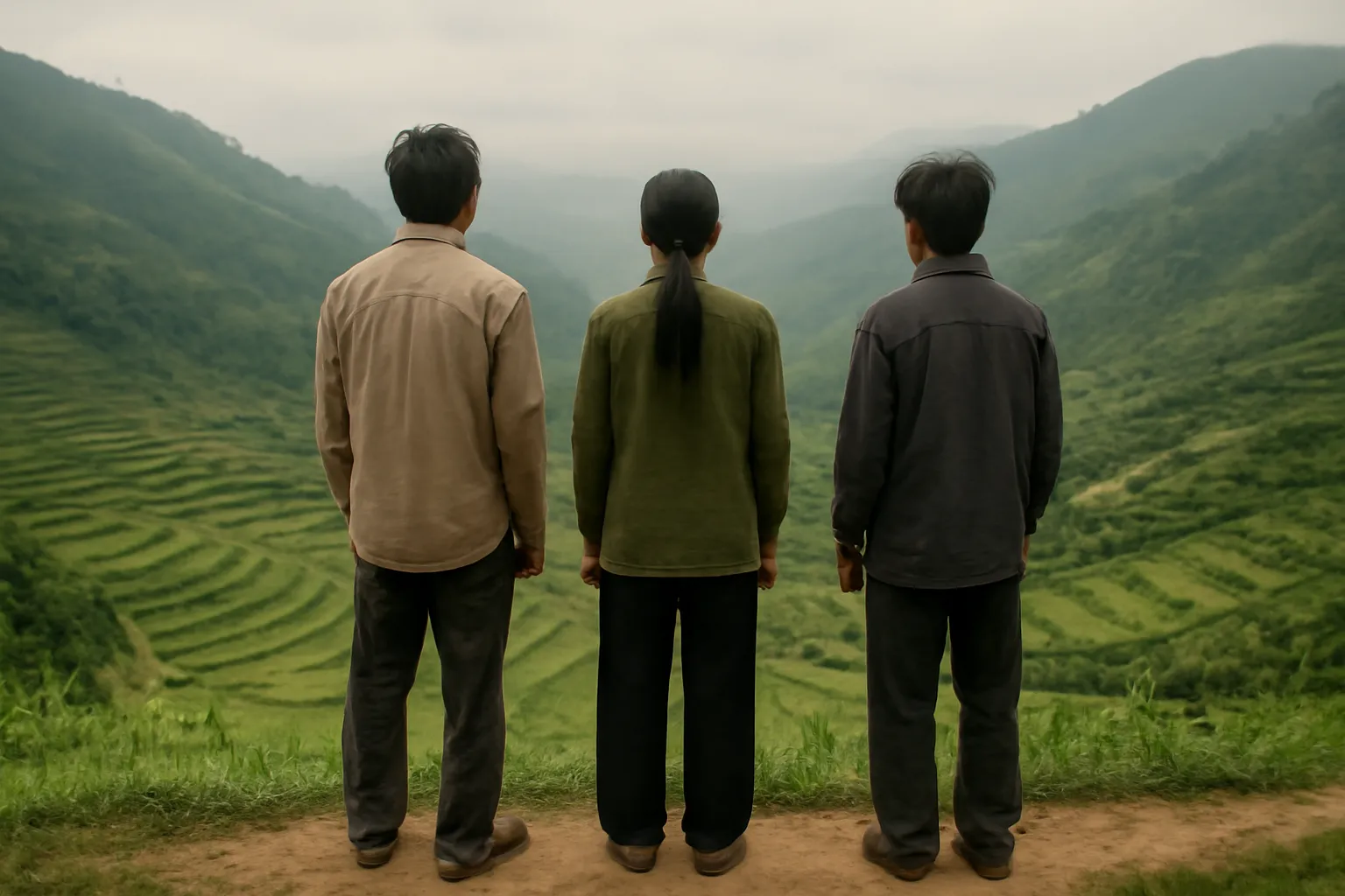 Ba anh em đứng trên bờ ruộng bậc thang nhìn xuống thung lũng