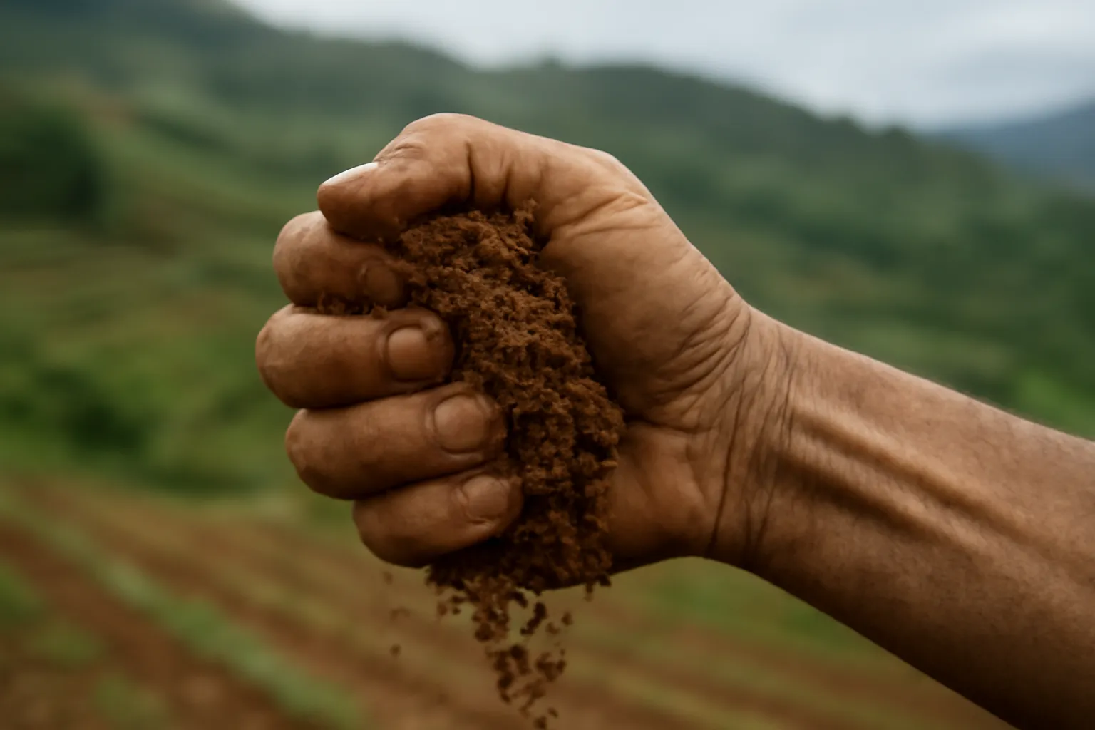 Bàn tay bóp một nắm đất đỏ ẩm, phía sau là đồi trồng cây mờ xa