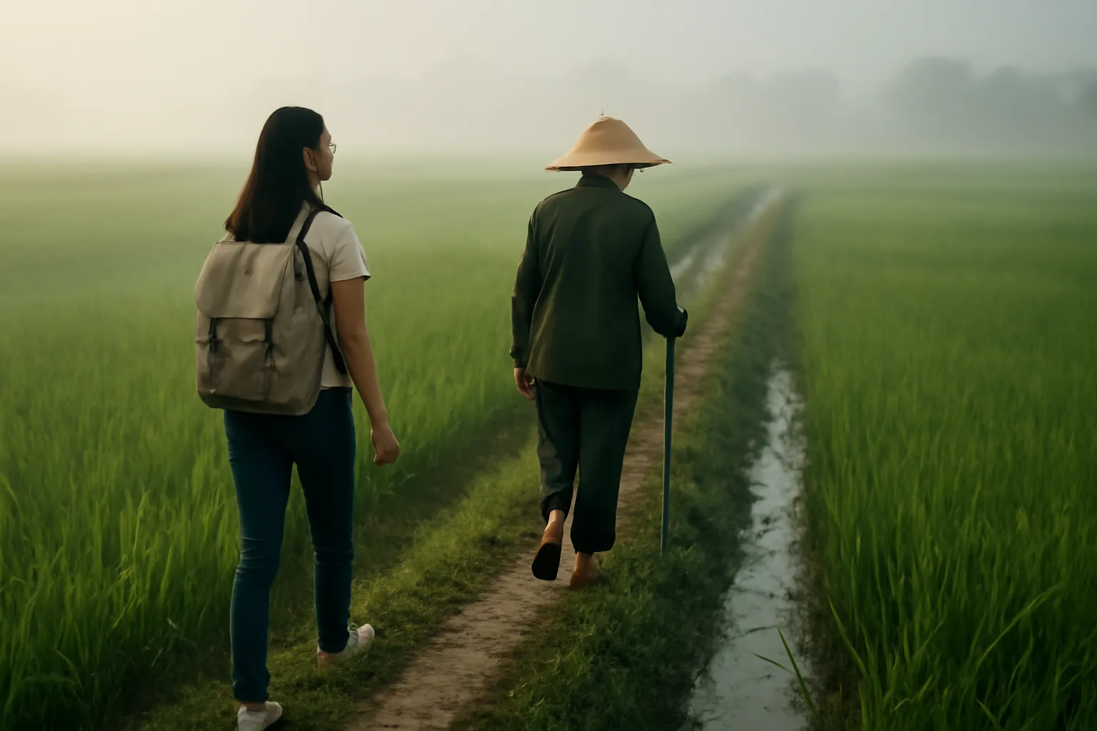 Cô gái đeo ba lô theo bác nông dân trên bờ ruộng sáng sớm