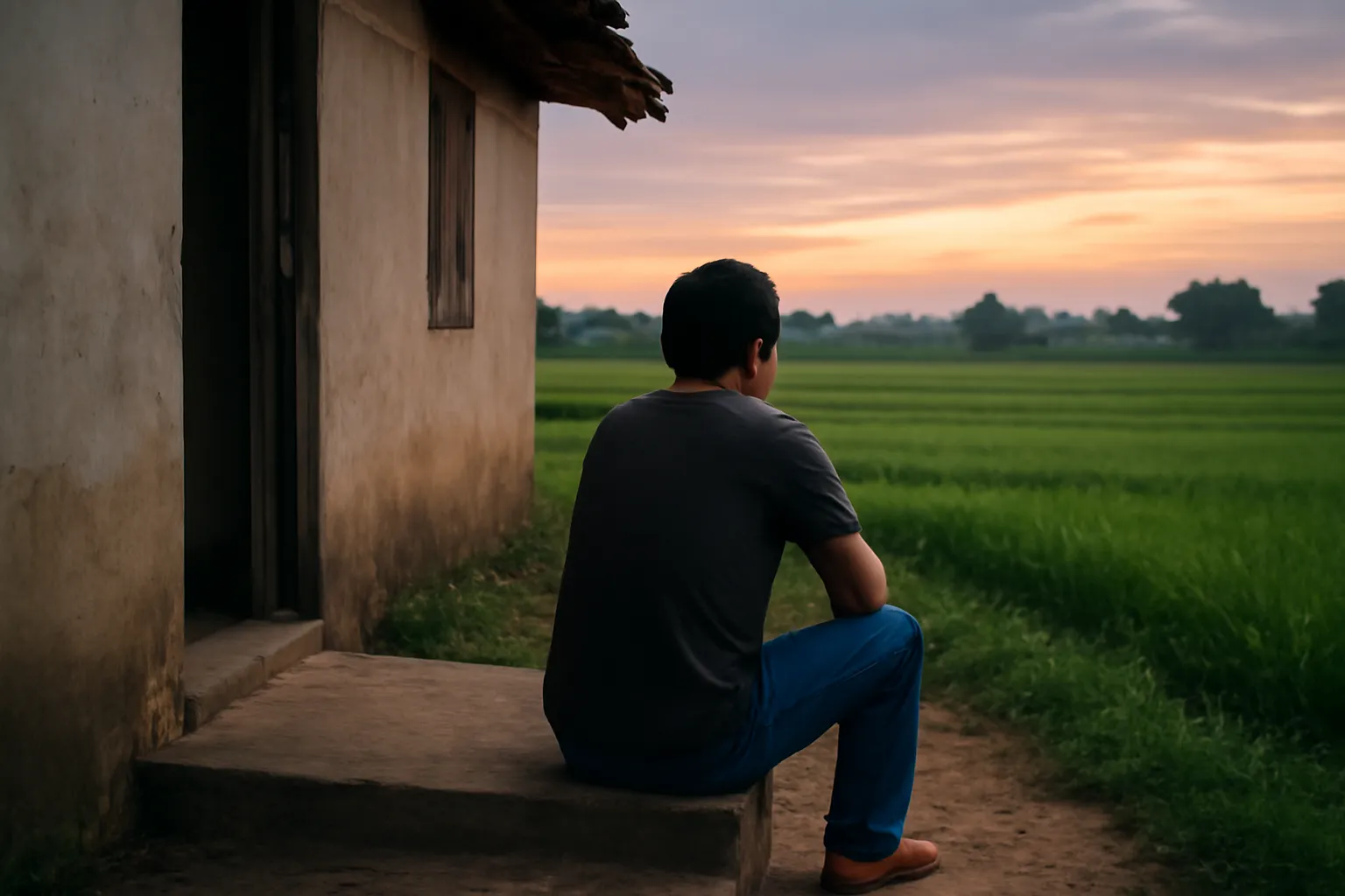 Người đàn ông ngồi bậc thềm nhà cấp bốn nhìn ra cánh đồng lúc chiều tà