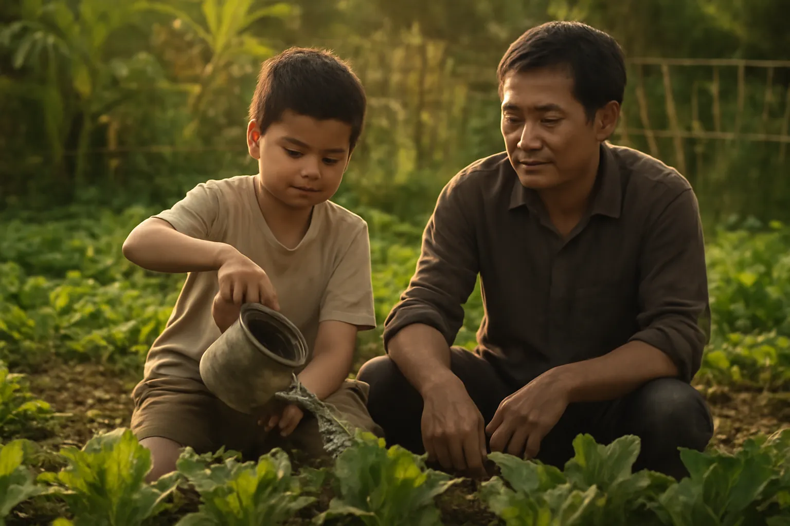 Đứa trẻ khoảng mười tuổi tưới rau bằng thùng nhỏ bên cạnh bố