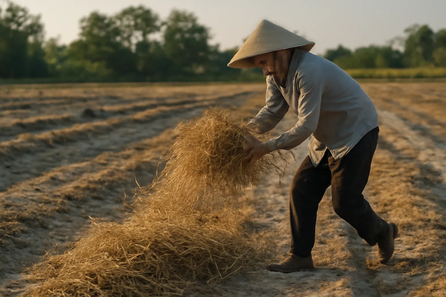 Người rải rơm phủ lên luống đất xám bạc vào buổi chiều
