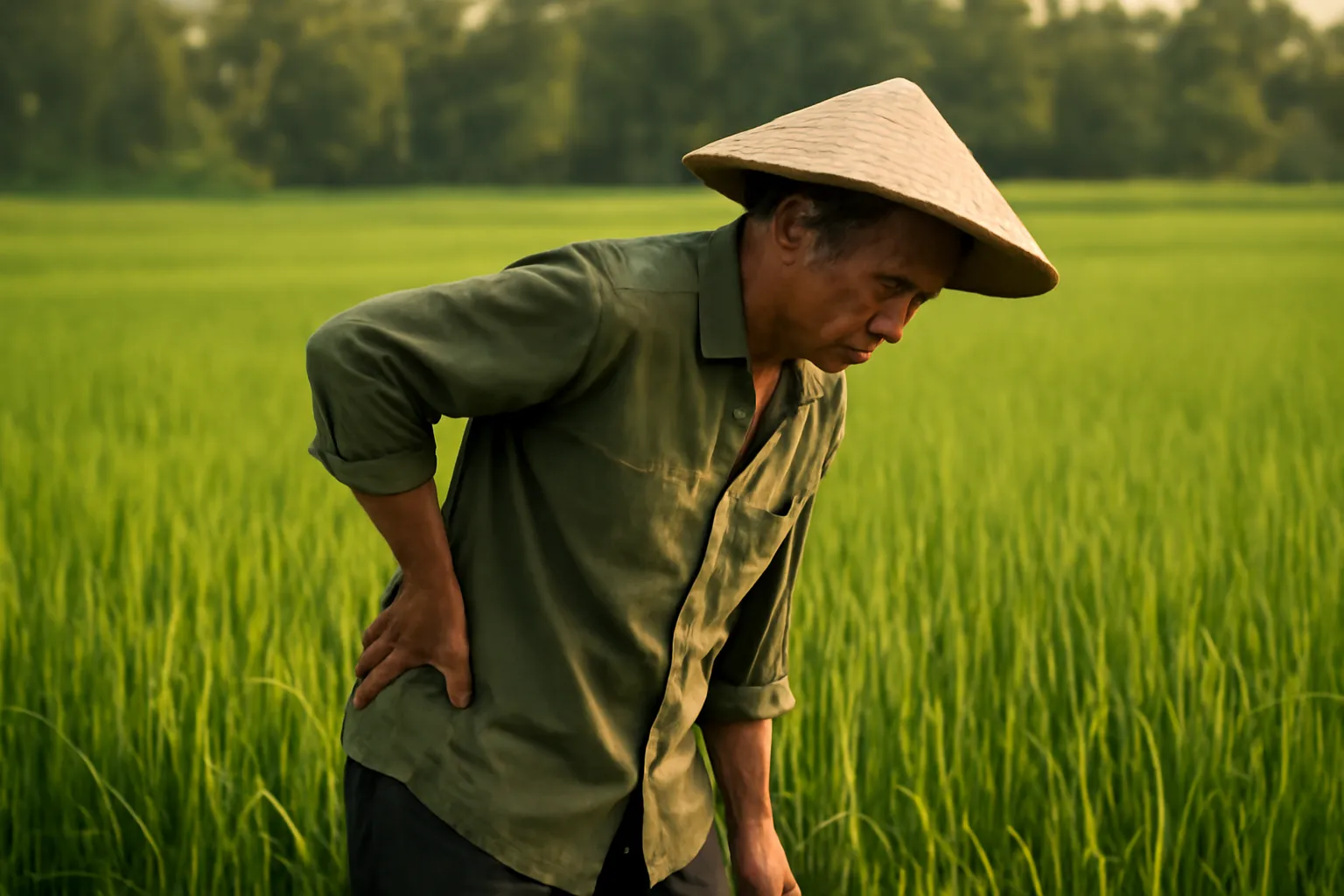 Người đàn ông chống tay sau lưng đứng thẳng dậy giữa ruộng lúa