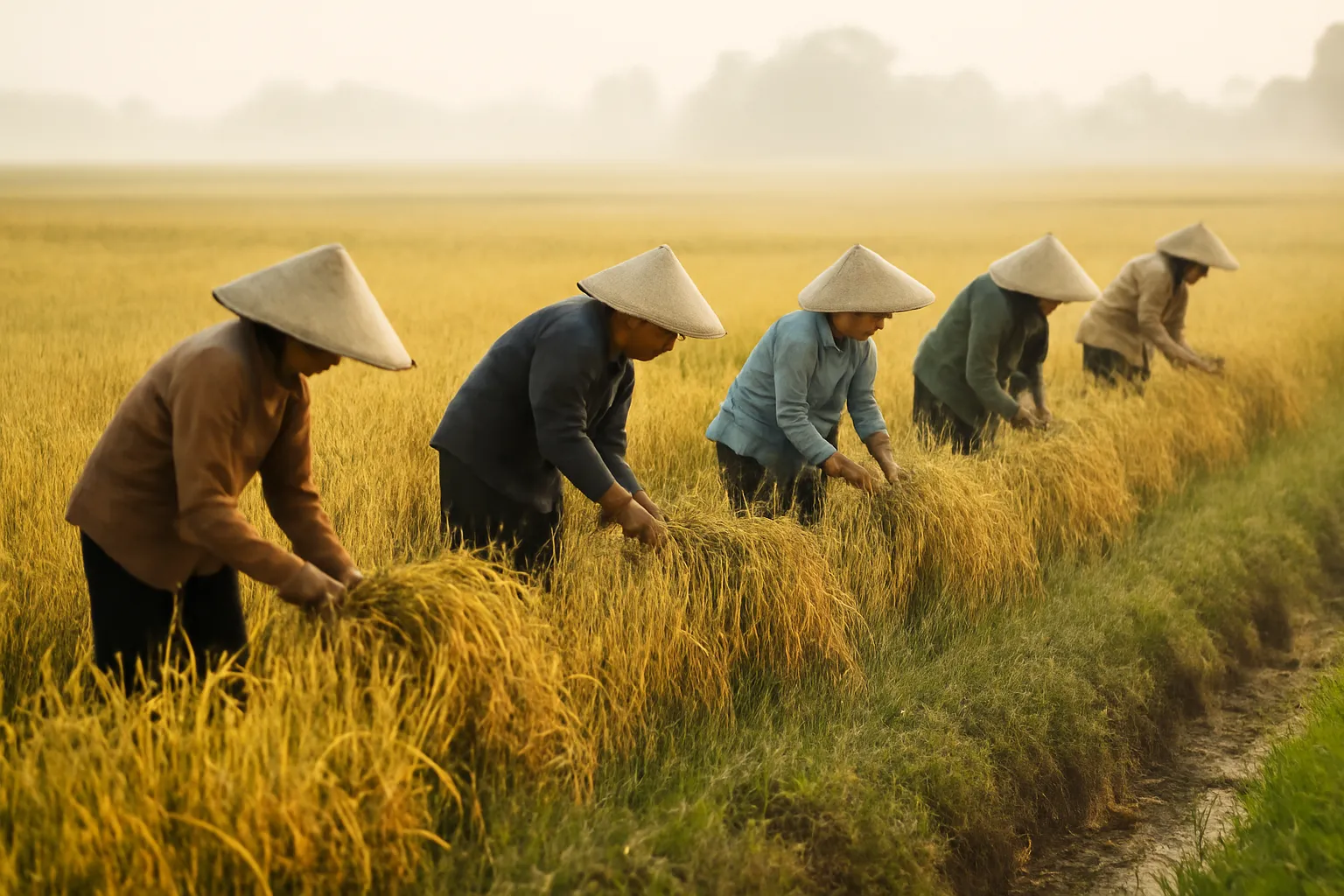 Nhóm người đội nón lá gặt lúa bằng tay trên cánh đồng lúa chín vàng