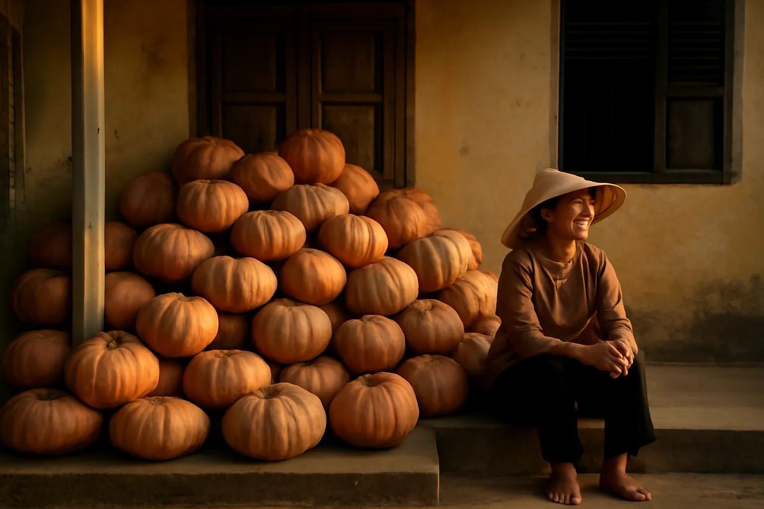 Đống bí đỏ chất cao bên hiên nhà, người phụ nữ ngồi cạnh lúc chiều muộn