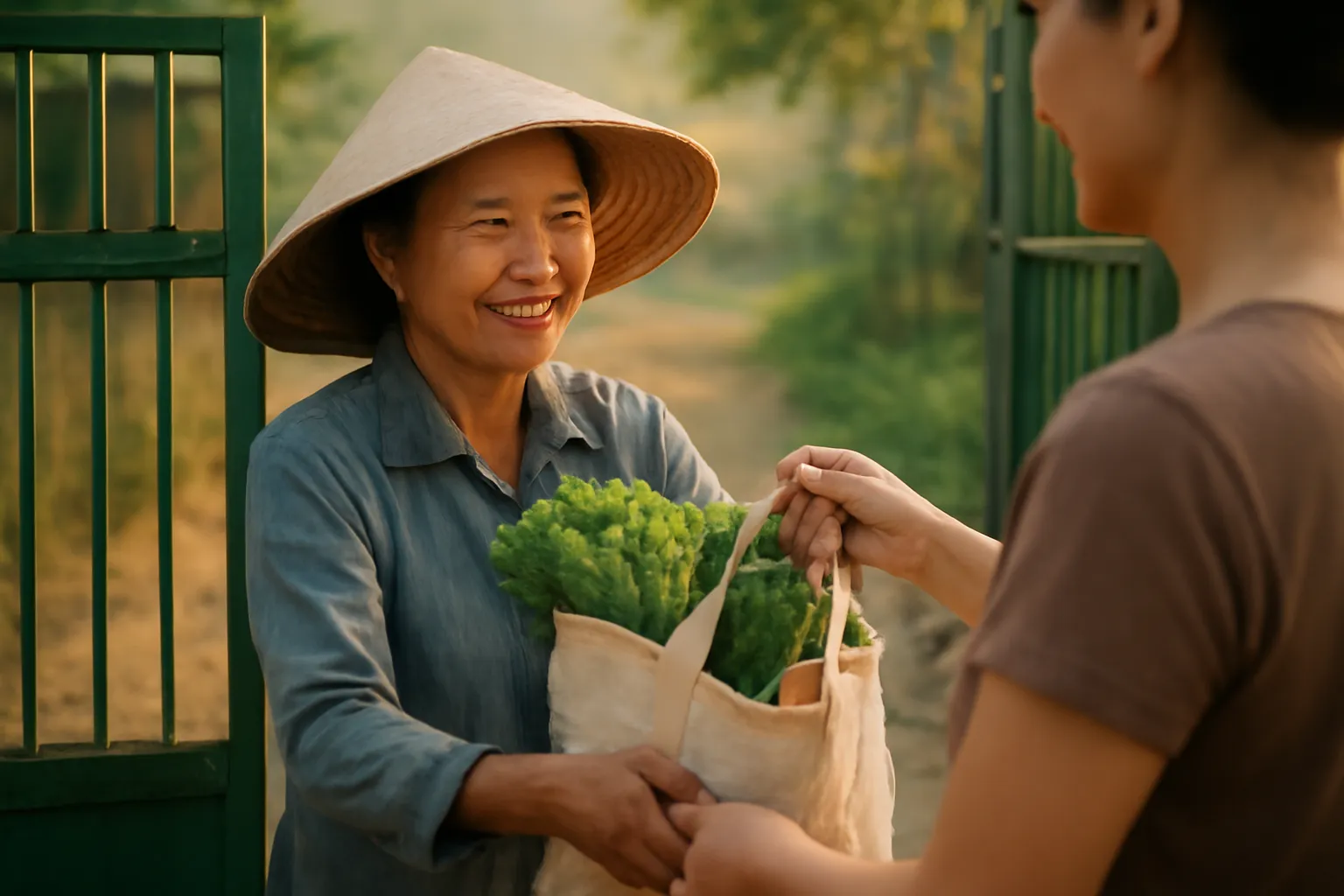 Người phụ nữ trao túi rau cho khách trước cổng nhà lúc nắng sớm