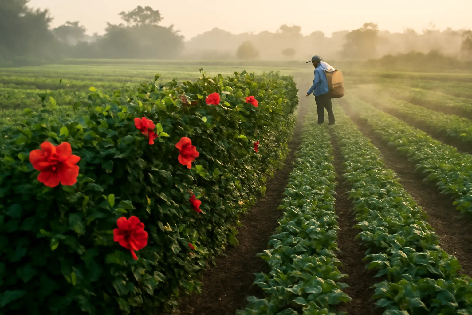 Hàng rào dâm bụt ngăn hai vườn, bên kia có người đeo bình phun thuốc