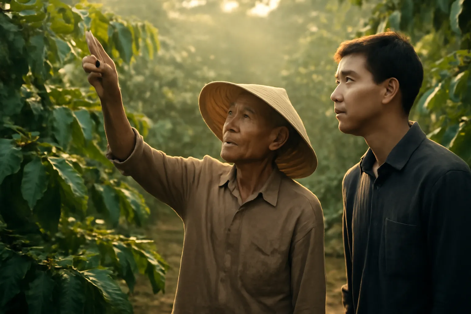 Ông cụ chỉ tay vào tán cây cà phê, thanh niên đứng bên cạnh lắng nghe