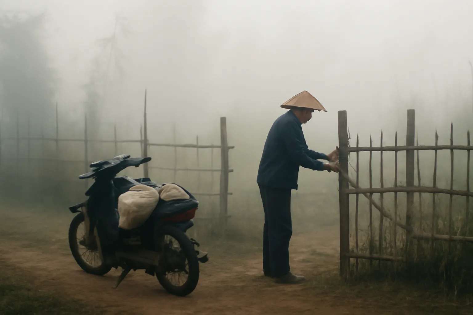 Người đàn ông khoá cổng vườn, xe máy chở túi đồ trong sương sớm