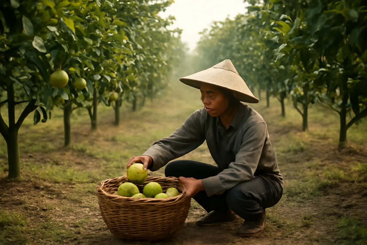 Người trẻ hái trái bỏ sọt khi làm công trong vườn nhà người khác