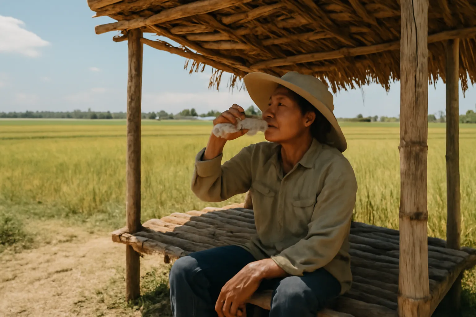 Người nông dân ngồi nghỉ uống nước dưới bóng chòi giữa trưa nắng