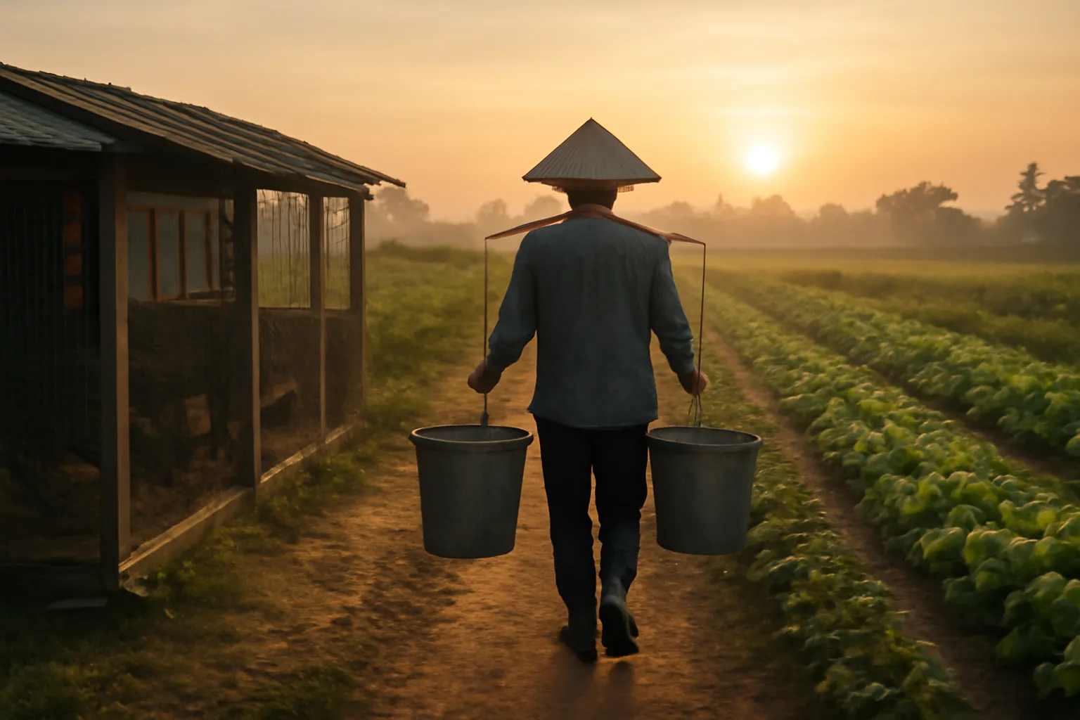 Người đàn ông xách hai xô cám đi giữa chuồng gà và vườn rau