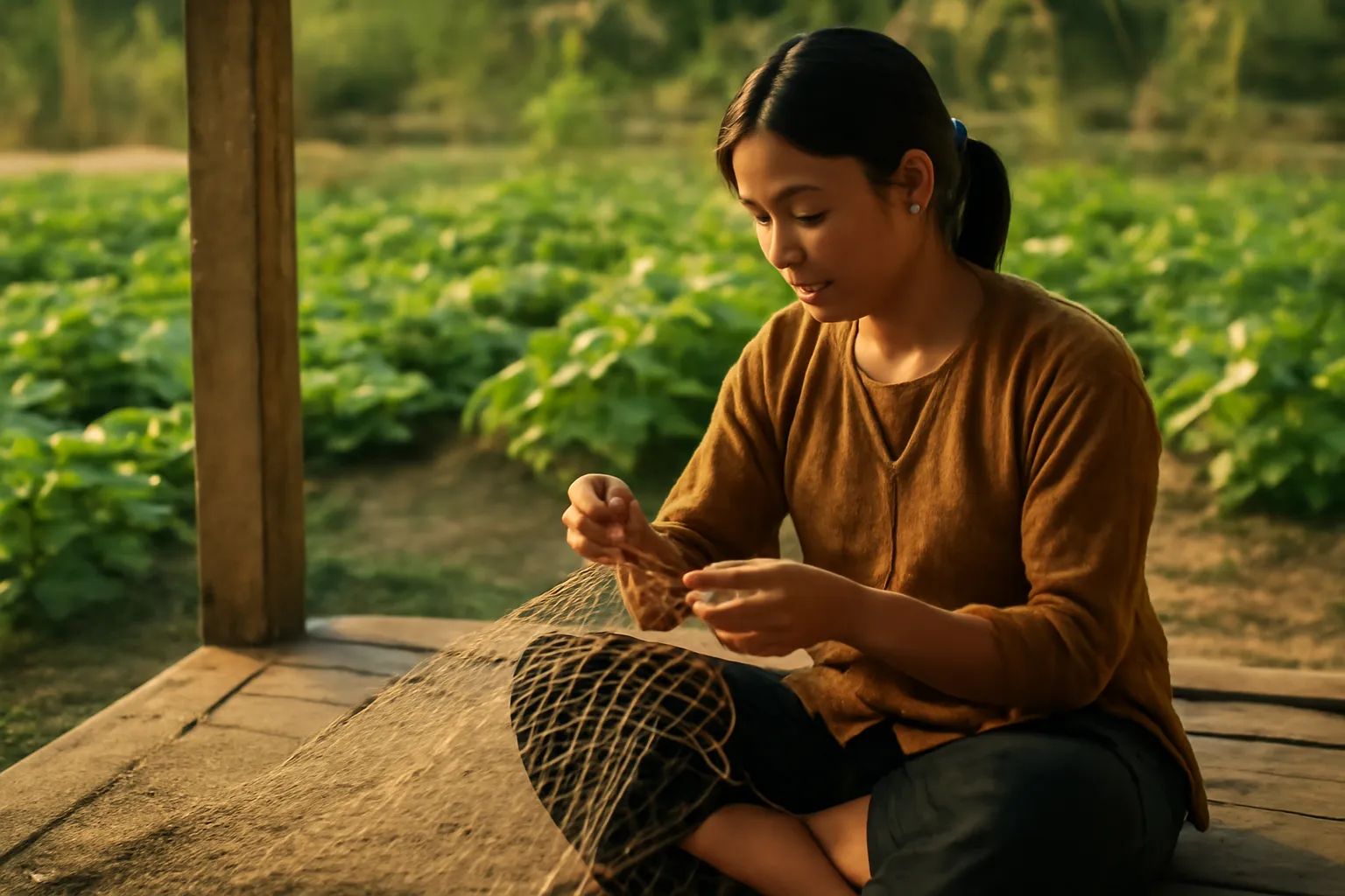 Cô gái ngồi hiên nhà vá lưới, phía sau là vườn rau xanh