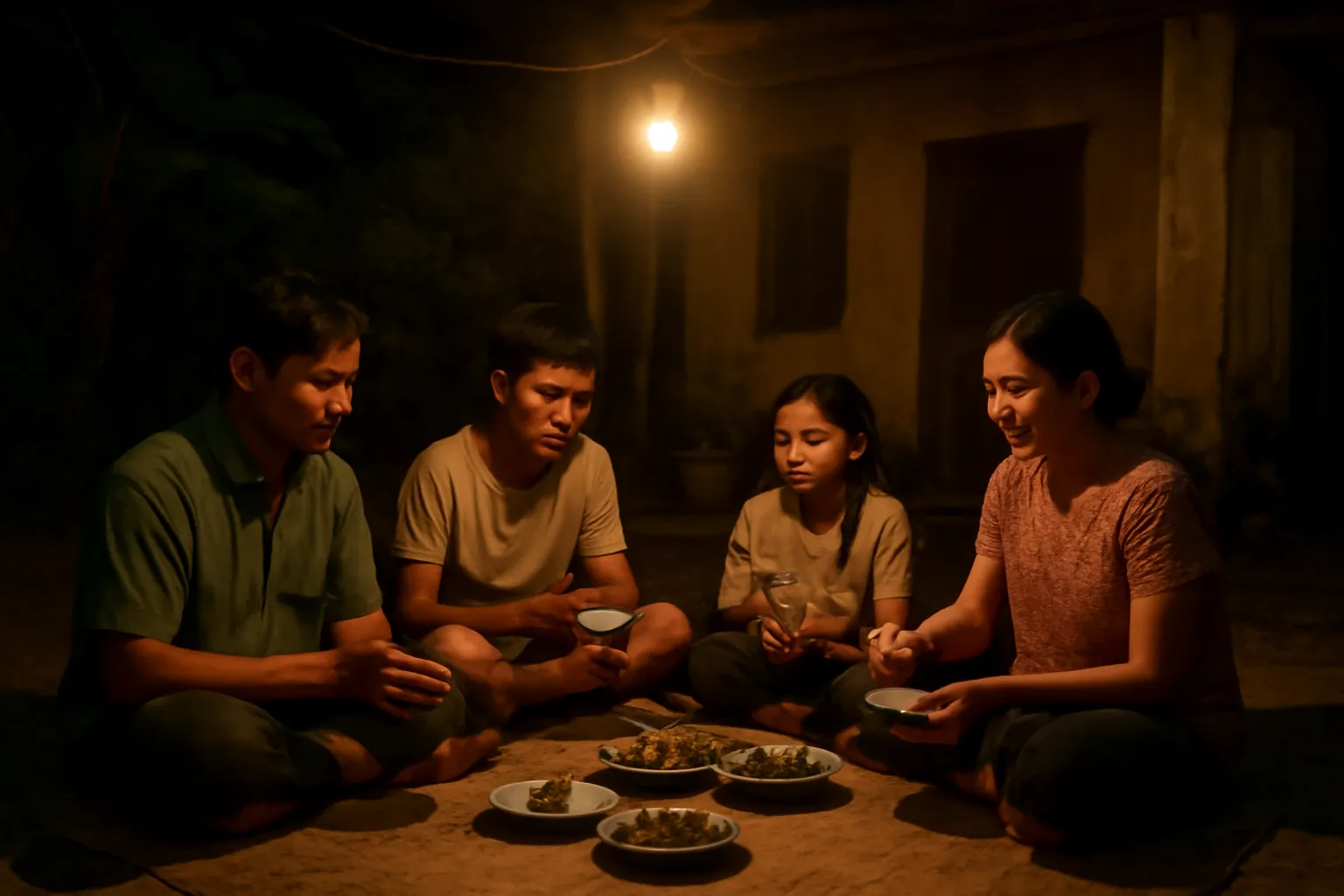 Cả nhà ngồi ăn cơm trên chiếu ngoài sân dưới ánh đèn vàng buổi tối