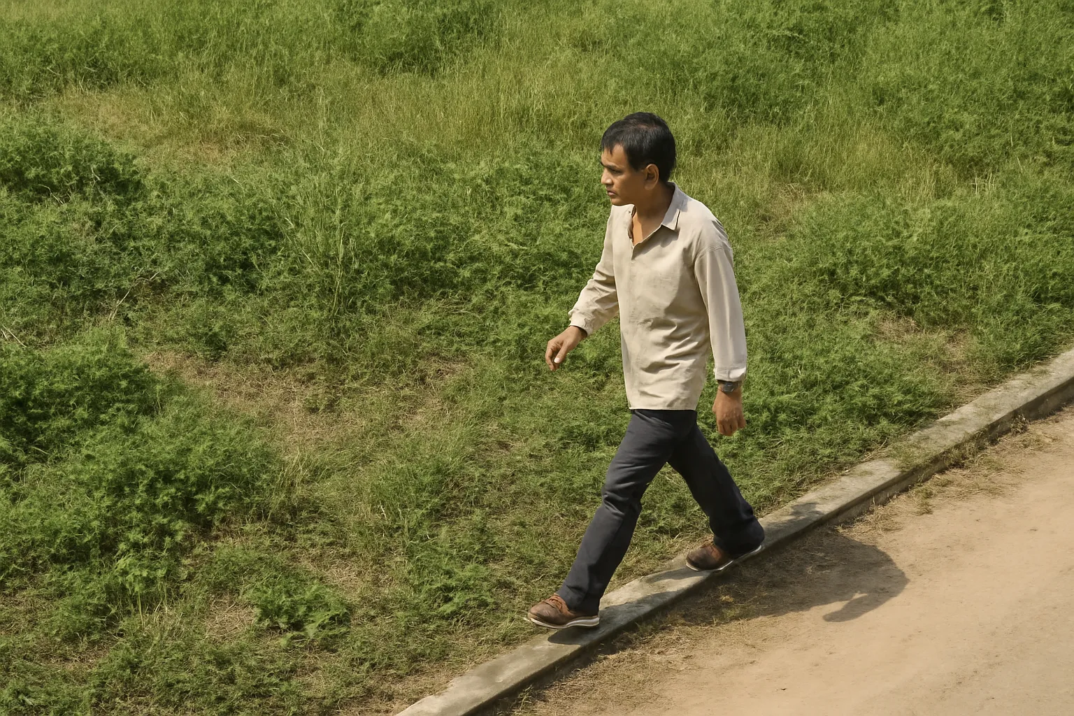 Người đàn ông trung niên đi bước dọc ranh mảnh đất cỏ dại buổi trưa