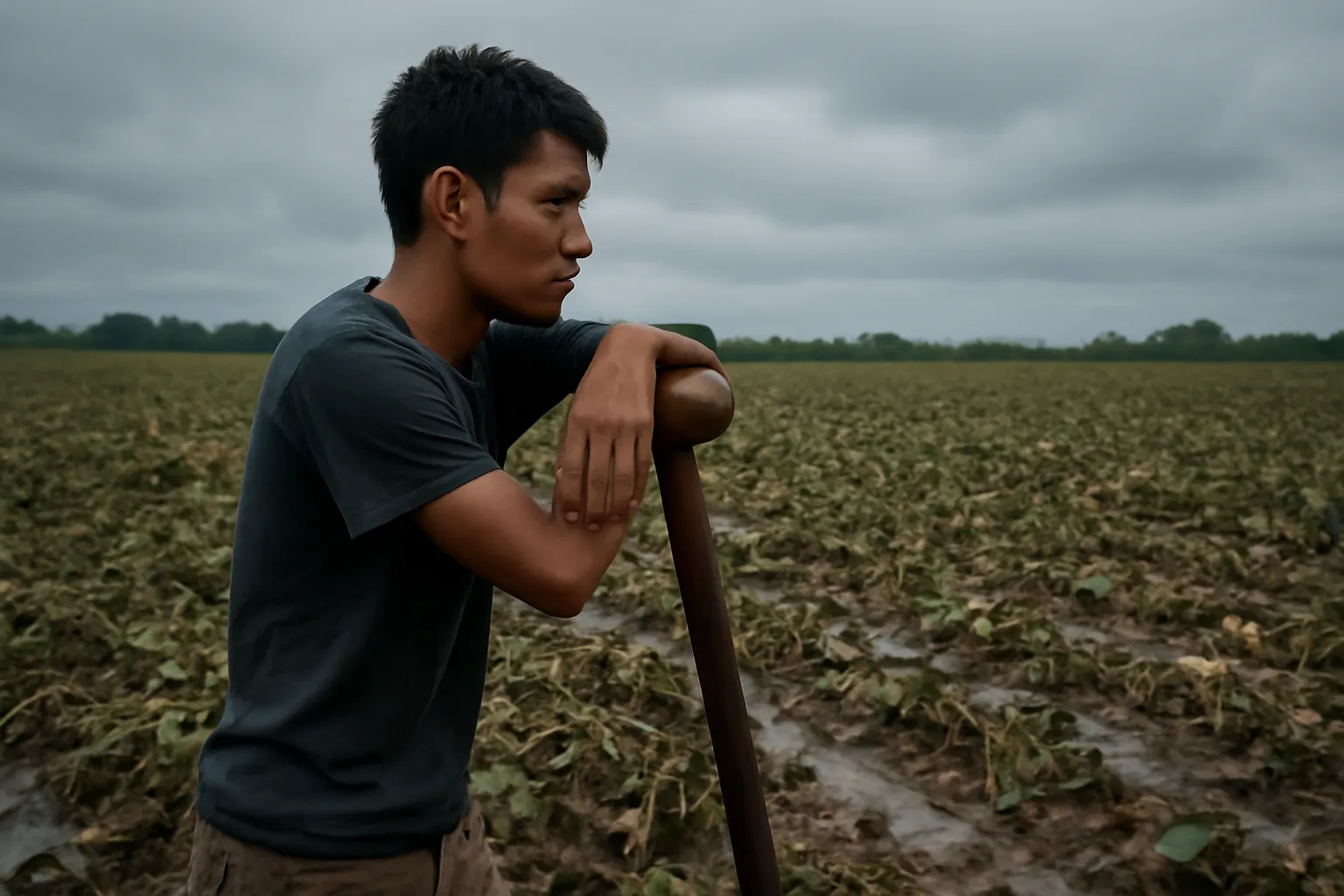 Thanh niên chống cuốc đứng nhìn ruộng dưa héo rũ sau mưa dưới trời âm u