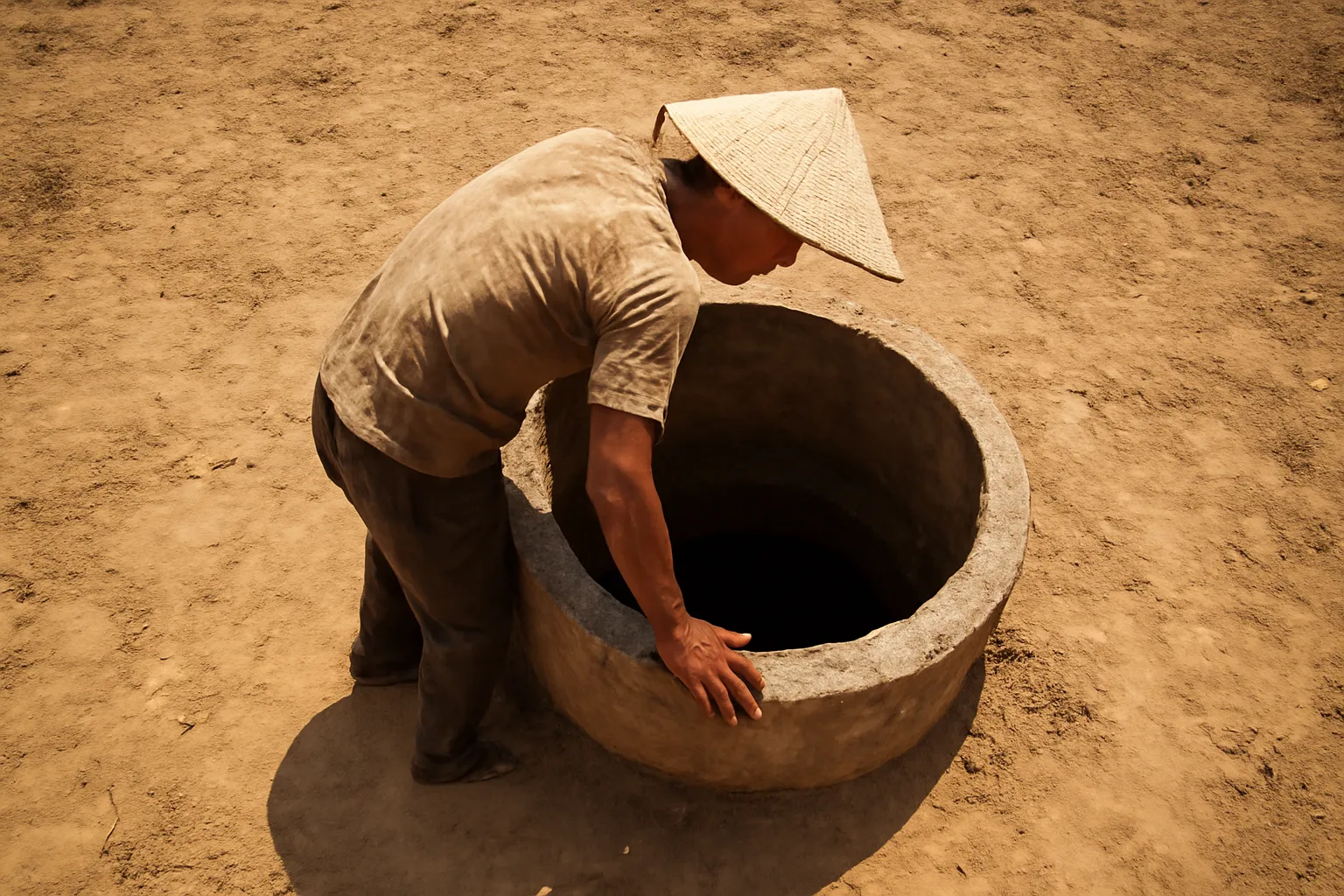 Người đàn ông cúi nhìn xuống miệng giếng khoan cạn giữa trưa nắng