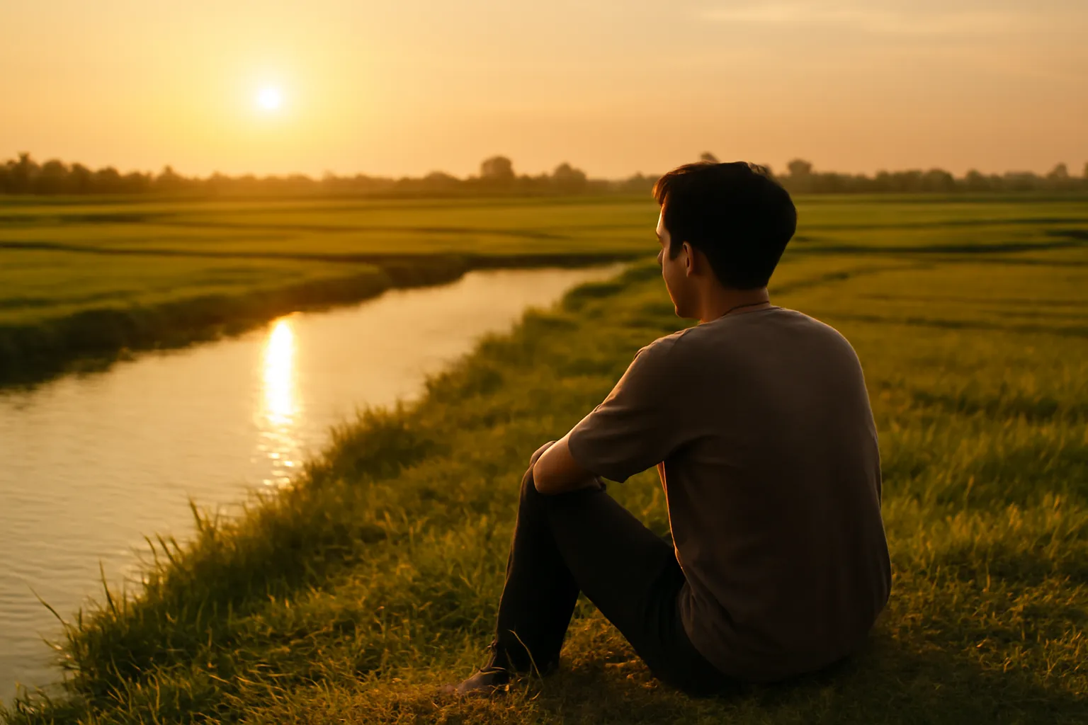 Chàng trai ngồi một mình trên bờ đê nhìn ra cánh đồng lúc hoàng hôn
