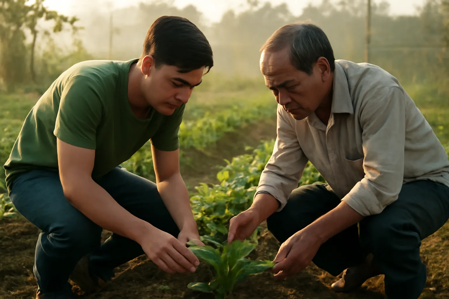 Chàng trai và người cha đứng hai bên luống rau cùng cúi xem một cây