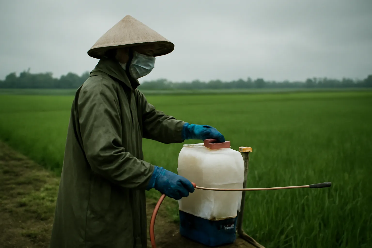 Người nông dân mặc áo mưa, khẩu trang, kính, găng tay pha nước ở bờ ruộng