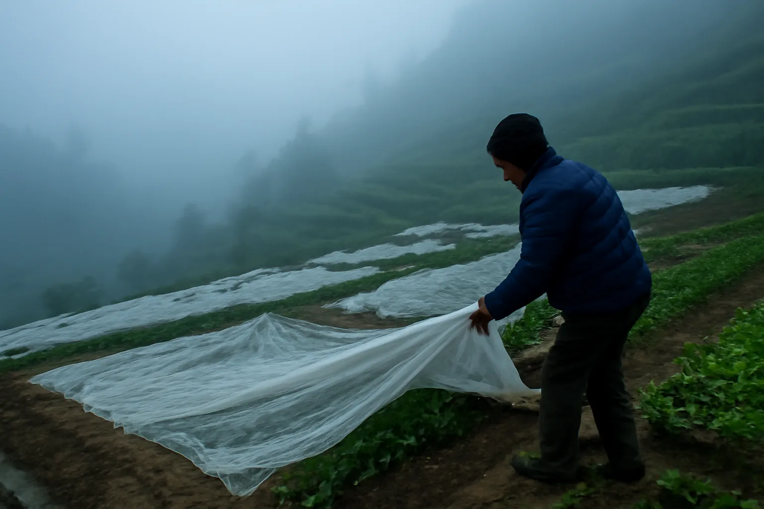 Người mặc áo bông trùm nilon cho luống rau trên nương sáng mù sương