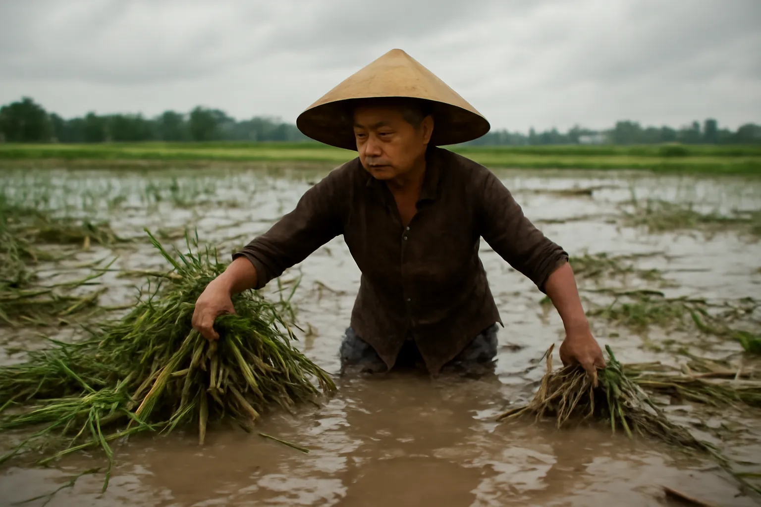 Người phụ nữ lội bùn dọn cây đổ trên ruộng vừa qua lũ