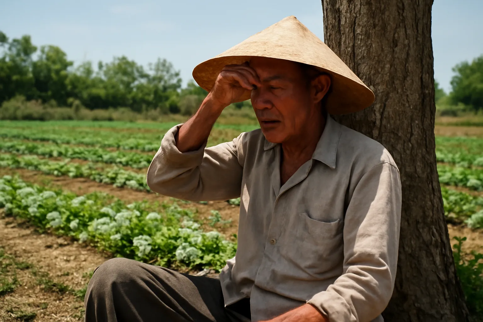 Người đàn ông lau mồ hôi, ngồi nghỉ bên gốc cây sau buổi làm cỏ