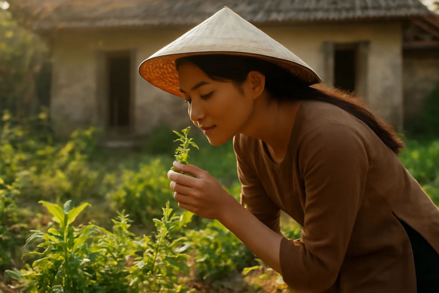 Cô gái cúi ngửi một bông hoa trong vườn thảo mộc nhỏ lúc chiều