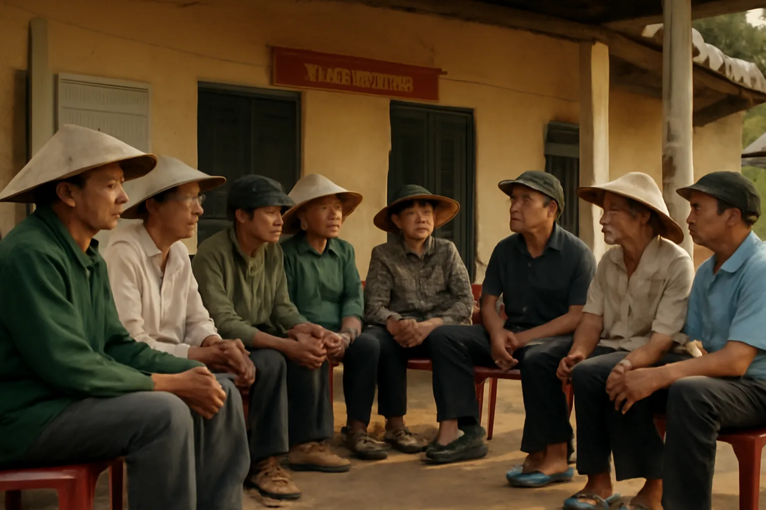 Nhóm nông dân ngồi ghế nhựa họp dưới mái hiên nhà văn hoá thôn