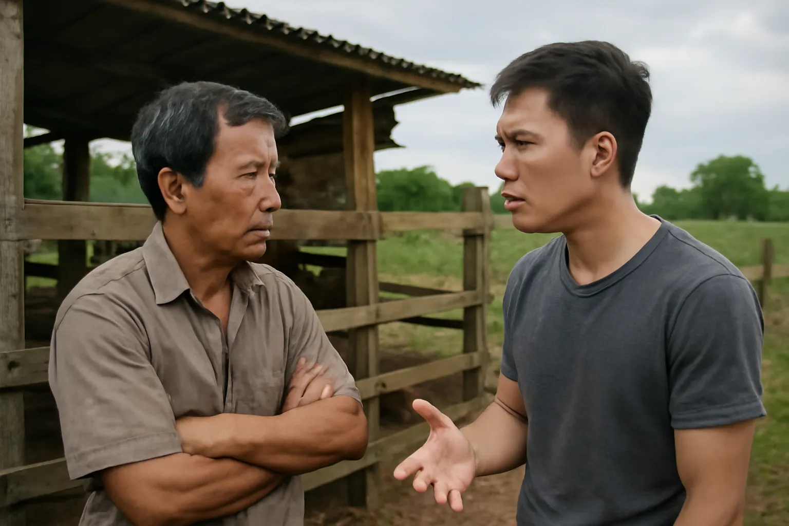 Hai cha con tranh luận bên chuồng trại, người cha khoanh tay