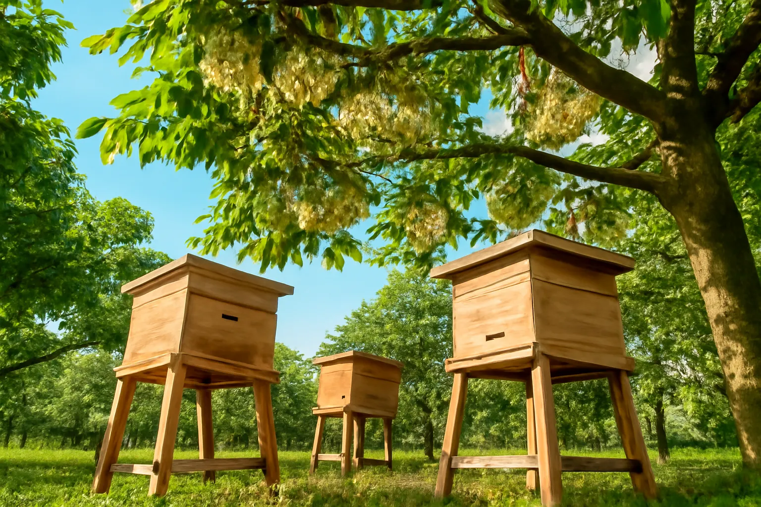 Hàng hộp gỗ nuôi ong dú đặt trên cọc dưới tán cây sầu riêng đang ra hoa