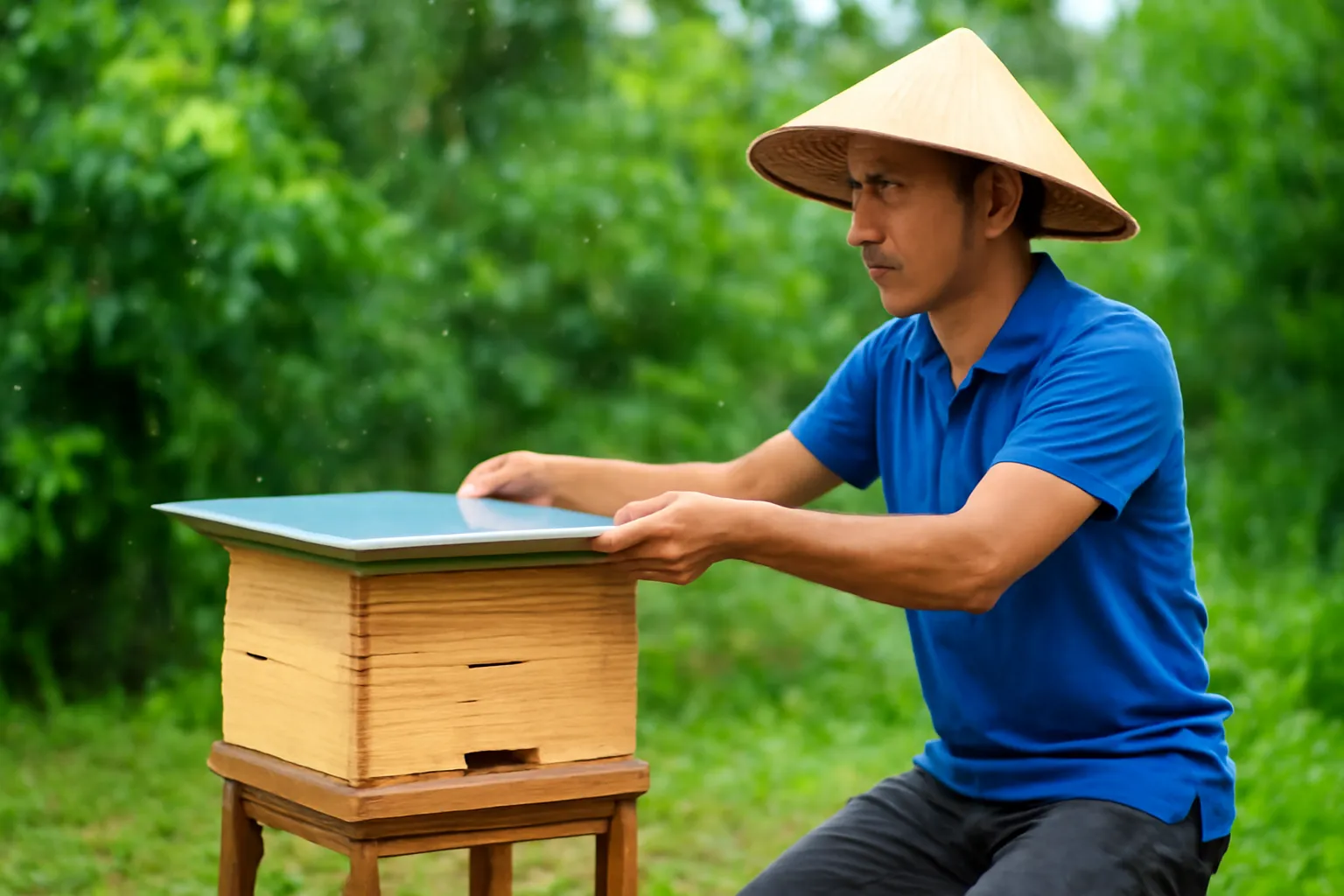 Người đàn ông che tấm tôn lên hộp ong dú trên giá dưới mưa nhẹ
