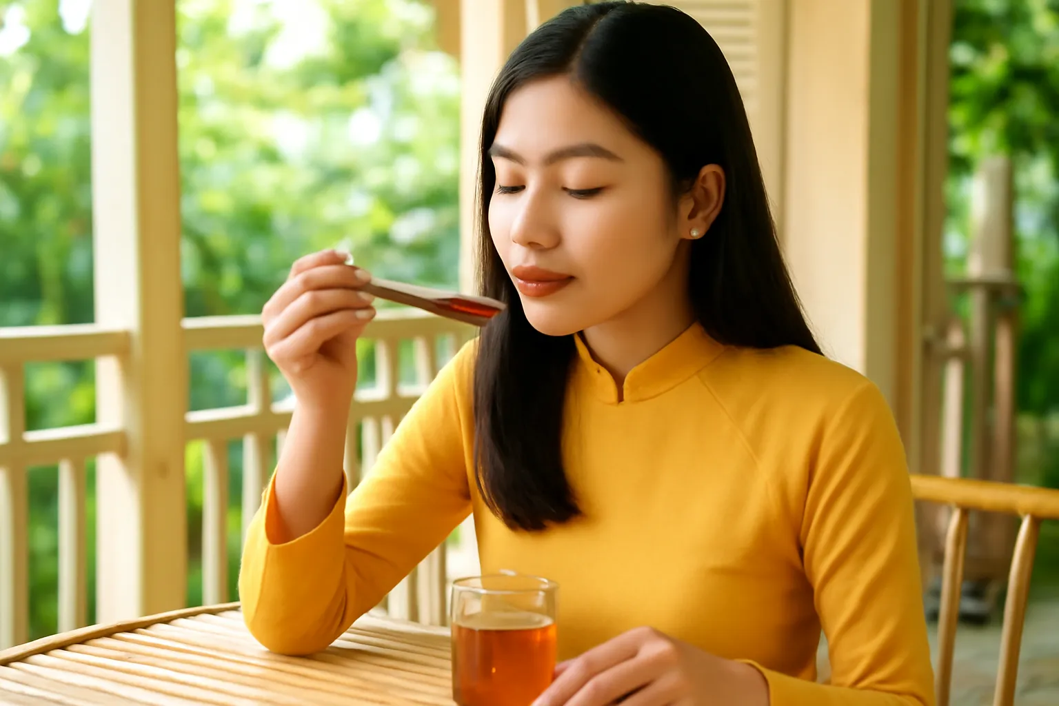 Cô gái nếm thử mật ong dú loãng múc từ lọ nhỏ trên bàn tre