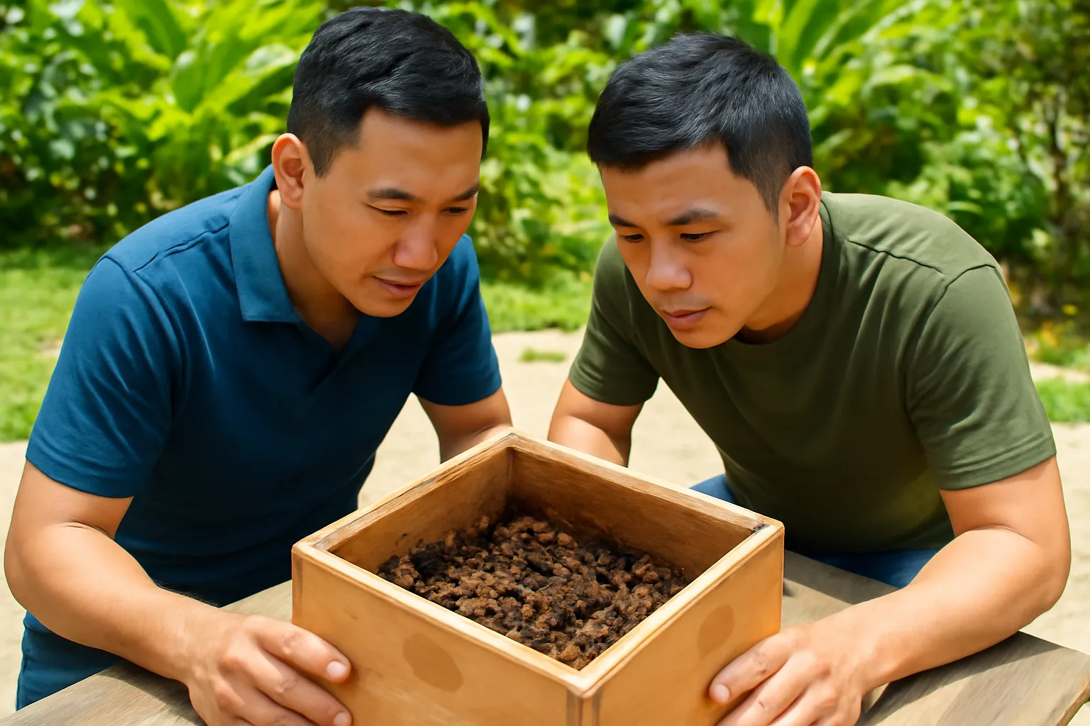 Hai người đàn ông cúi xem hộp ong dú mở nắp đặt trên bàn gỗ ngoài sân