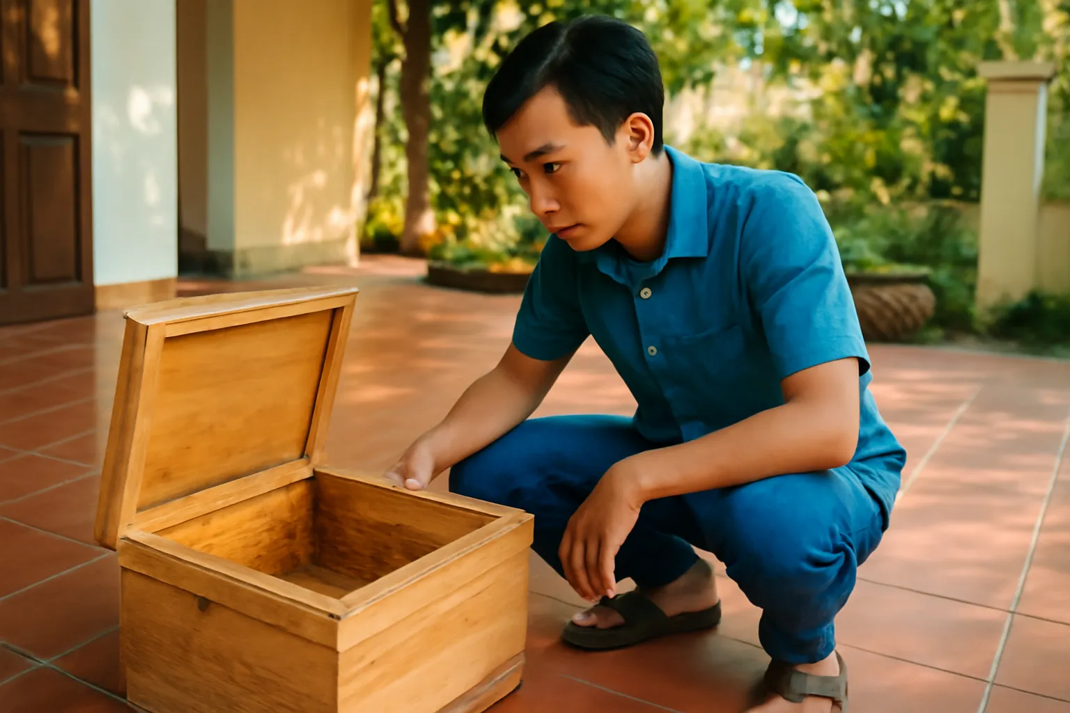Chàng trai ngồi trên hiên nhà nhìn hộp ong dú trống đã mở nắp