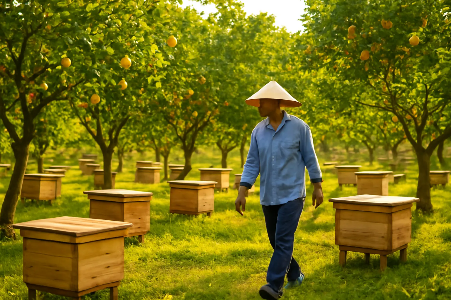 Người nông dân đi kiểm tra hộp ong dú rải dưới gốc cây ăn trái lúc hoàng hôn