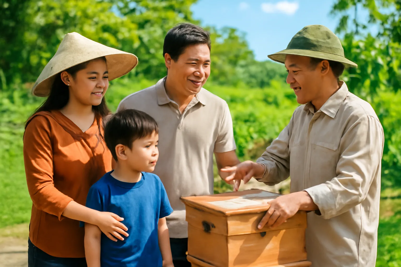 Gia đình có trẻ nhỏ đứng quanh giá hộp ong dú, người hướng dẫn chỉ tay