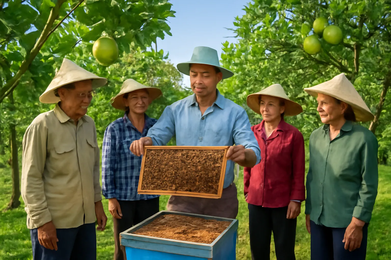 Nhóm nông dân đứng quanh người hướng dẫn cầm hộp ong dú trong vườn bưởi