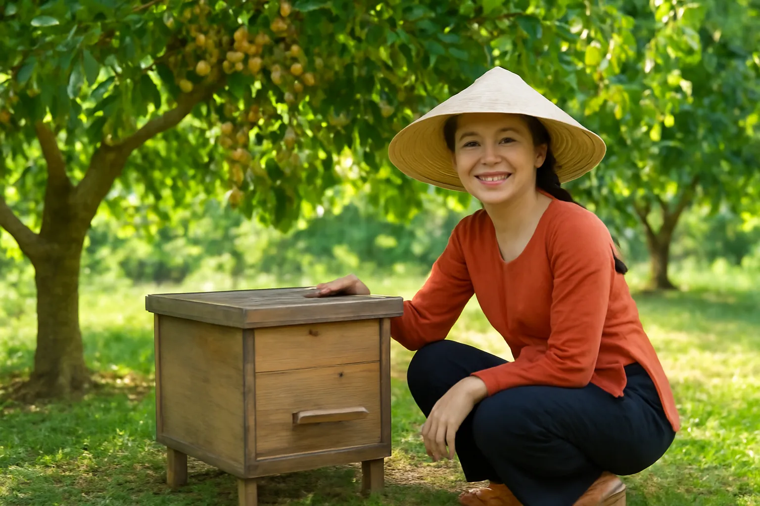 Người phụ nữ ngồi cạnh hộp gỗ nuôi ong dú dưới tán cây nhãn buổi sáng
